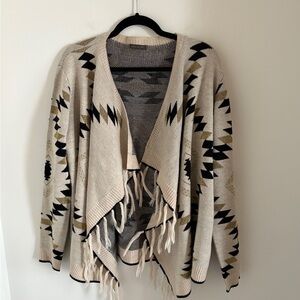 Suzy Shier Beige, Gold and Black Patterned Open Cardigan with Fringes Size L